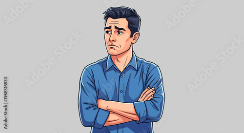 Worried man with arms crossed looking away.