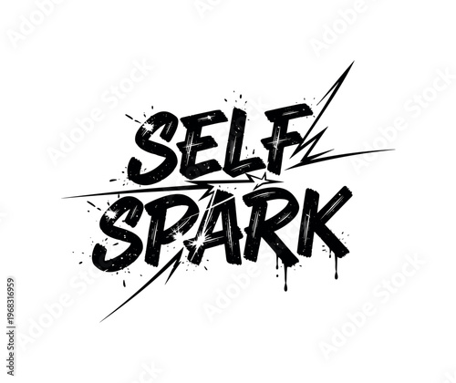 Self Spark. lettering and all elements in black. Vector style. AWhite background. Pure white background. Perfect isolation and visual consistency. Grunge