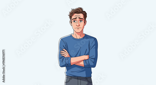 Young man with arms crossed looking concerned.