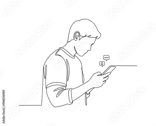 Smartphone Engagement. Minimalistic one-line drawing person using mobile phone viewing social media notifications, continuous single black line on white