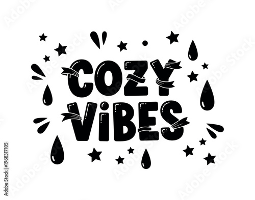 Cozy Vibes. lettering and all elements in black. Vector style. AWhite background. Pure white background. Perfect isolation and visual consistency. Dynamic