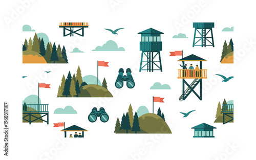 scenic lookout seamless pattern, repeating pattern, surface design, textile print, modern illustration of watchtowers, forests, hills, observation decks,