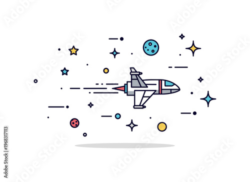 Infinite space interstellar travel scene where a spaceship sails through a star field while small sparkle and star icons highlight adventure, motion, and