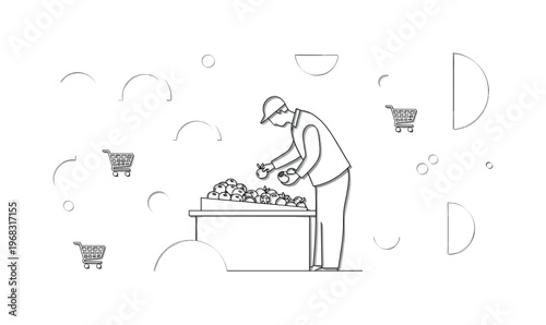vendor table browsing abstract circles semicircles and abstract cart icons vintage monochrome shopper leaning over vendor table selecting seasonal fruits with