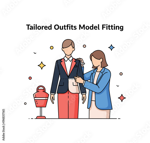 Tailored outfits model fitting concept where a fashion model wears a tailored outfit during a final fitting while tiny sparkle and star icons highlight