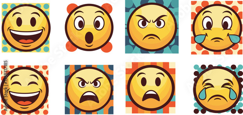 Colorful Emoji Faces Set with Happy, Sad, Angry, and Surprised Expressions in Retro Pop Art Style