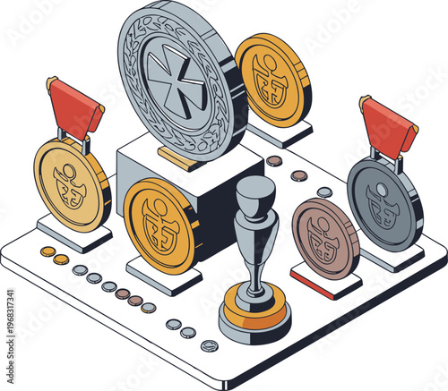 Isometric gaming achievement illustration, medals coins and trophy rewards system, gamification concept, leaderboard prizes, success progress icons, modern vector design
