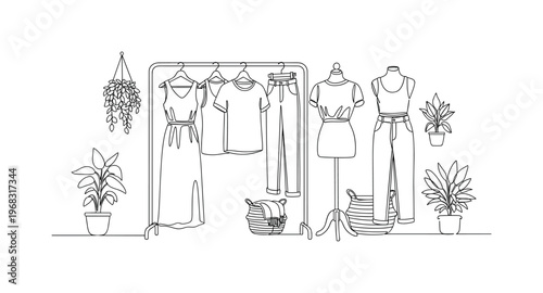 Ethical Fashion Display. Minimalistic one-line drawing store display with eco-friendly clothing, continuous single black line on white background, simple