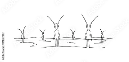 Martians. Minimalistic one-line drawing small alien figures with antennae on a barren landscape, continuous single black line on white background, simple