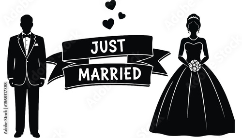 A wedding couple silhouette illustration with just married banner and hearts