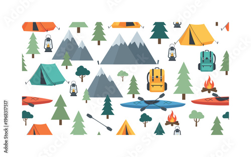 lakeside camping seamless pattern, repeating pattern, surface design, textile print, modern illustration of mountain peaks, tents, pine forests, kayaks,