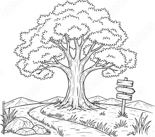 Large deciduous tree with winding path and directional signpost in a landscape nature