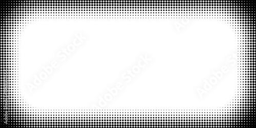 Rectangle frame with halftone dot pattern and gradient fade. Modern vector border design with comic style halftone texture and geometric vignette overlay effect.