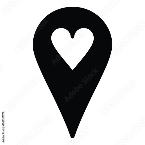 Black location pointer with heart shape inside, indicating love related places