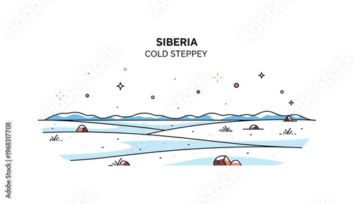 Siberia cold steppe landscape scene where open plains are covered in snow while tiny sparkle and star icons highlight isolation, vastness, and natural beauty.