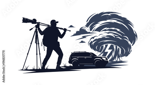 Storm chaser with equipment observes a dramatic supercell cloud silhouette