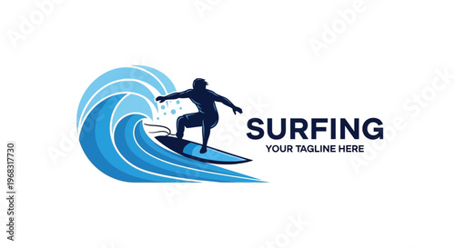 Surfing Wave Illustration – Surfer Riding Ocean Wave Water Sport Concept