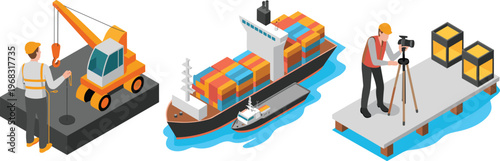 Isometric logistics workflow illustration, crane operation, cargo ship transport, port inspection, shipping containers, industrial process, global trade, supply chain concept