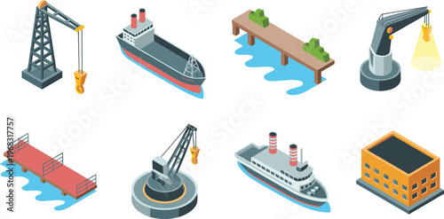 Isometric maritime industrial icons collection, cargo ships, cranes, docks, warehouse, harbor equipment, shipping logistics, port infrastructure, vector illustration set