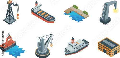 Isometric maritime industrial icons set, cargo ships, cranes, docks, warehouse, harbor elements, shipping logistics, port infrastructure, vector illustration collection