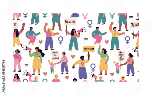 feminist activism icons seamless pattern, repeating pattern, surface design, textile print, modern illustration of diverse people, protest signs, raised fists,