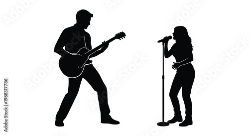 Musicians performing on stage with a guitarist and vocalist silhouette
