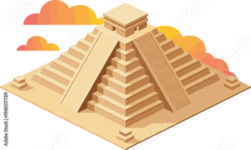 Isometric Mayan pyramid illustration, Chichen Itza temple, ancient architecture, historical landmark, Mexico heritage, archaeological site, minimal 3D design concept