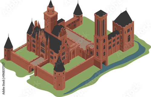 Isometric medieval castle illustration, fortified palace with towers walls and river, historic European architecture landmark, detailed vector fantasy city design