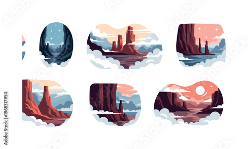 void motifs seamless pattern, repeating pattern, surface design, textile print, modern illustration of deep chasms, swirling fog, cliffs, silhouettes and