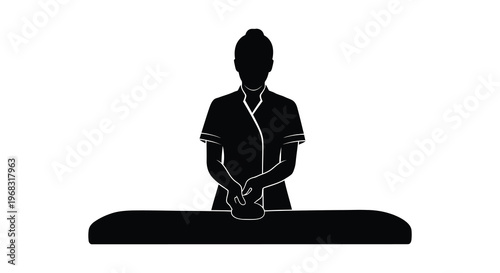 Woman in uniform tending to a surface stark black silhouette