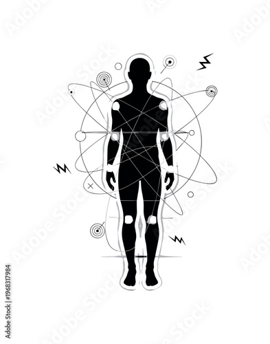 physical discomfort geometric rings intersecting lines and minimal jagged icons realistic black and white human silhouette with glowing stress points along