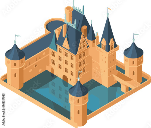Isometric medieval castle with moat and towers, historic fortress architecture, fairytale landmark, ancient palace, 3D vector illustration design