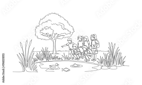 Learning About the Environment. Minimalistic one-line drawing group of schoolchildren observing pond and wildlife, continuous single black line on white