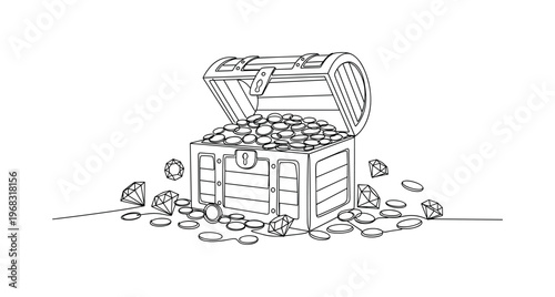 Pirate Treasure Chest. Minimalistic one-line drawing chest with coins and scattered jewels around, continuous single black line on white background, simple