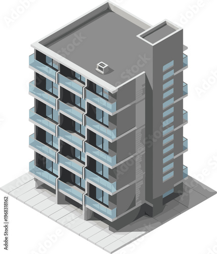 Isometric modern apartment building, residential architecture, urban housing, contemporary real estate, city property, balcony facade, minimal 3D illustration design