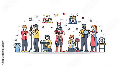 Group cosplay creative backstage concept where cosplayers adjust costumes and props before performance while small sparkle and line icons highlight