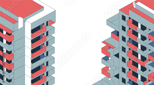 Isometric modern apartment building exterior minimalist architecture residential facade geometric design urban housing balcony structure clean vector illustration
