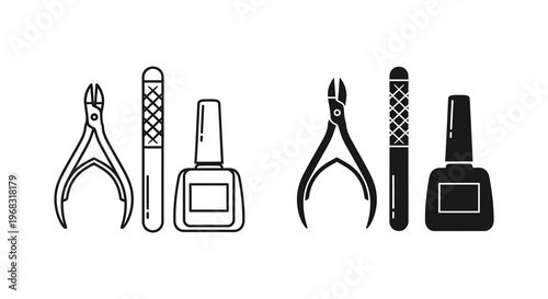 Manicure tools including nail clippers file and polish a black silhouette
