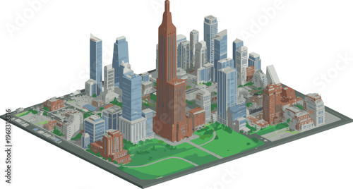 Isometric modern city downtown with skyscrapers central park urban district detailed architecture skyline business area 3D illustration