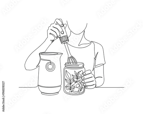 Homemade Face Care. Minimalistic one-line drawing person blending natural ingredients for skincare in jar, continuous single black line on white background,