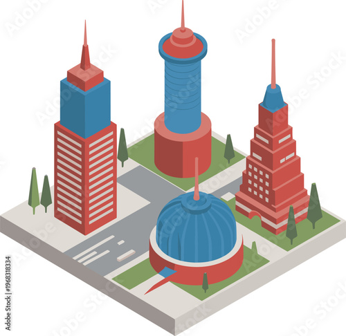 Isometric modern city skyline illustration, futuristic towers and buildings composition, urban architecture concept, business district, detailed vector city design