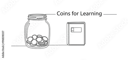 Coins for Learning. Minimalistic one-line drawing jar partially filled with coins and book icon, continuous single black line on white background, simple