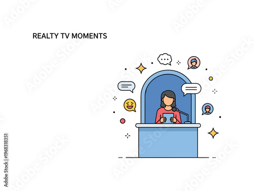 Reality TV moments confessional booth concept where a participant shares thoughts and feelings directly to the camera while tiny sparkle and speech bubble