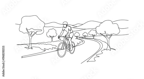 Recreational Biking. Minimalistic one-line drawing cyclist riding along scenic path with trees and hills, continuous single black line on white background,