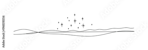 Dusk Stars. Minimalistic one-line drawing first twinkling stars appearing over horizon, continuous single black line on white background, simple outline style,