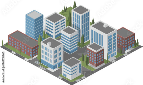 Isometric modern city district, office buildings illustration, urban architecture, business area, 3D vector cityscape, commercial real estate, contemporary skyline design