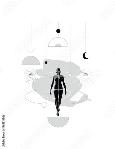 dreamlike levitation geometric rings semicircles and thin sun and moon icons realistic black and white figure suspended in sky with soft light rays with white