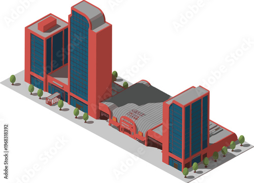 Isometric modern commercial building complex, shopping mall with office towers, urban architecture design, business center exterior, detailed vector illustration