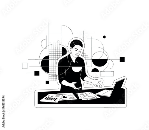 entrepreneurship and business development geometric circles semicircles thin lines and abstract blocks realistic black and white entrepreneur presenting