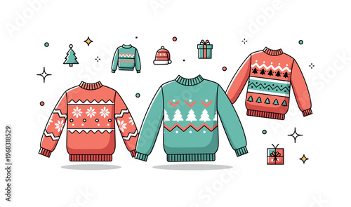 Sweater holiday sweater scene where festive patterned sweaters are displayed while tiny sparkle and star icons highlight seasonal celebration, warmth, and cozy
